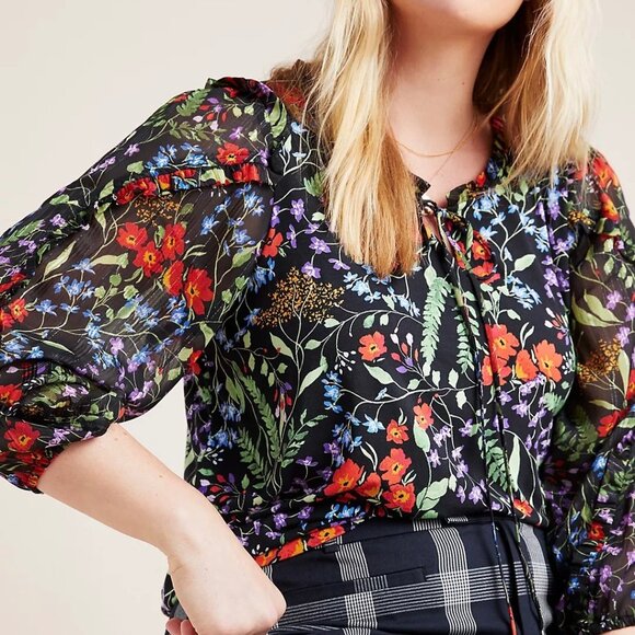 ANTHROPOLOGIE Maeve Jacquin Peasant Blouse Black Floral Ruffle Sleeve Blouse L - Picture 11 of 11